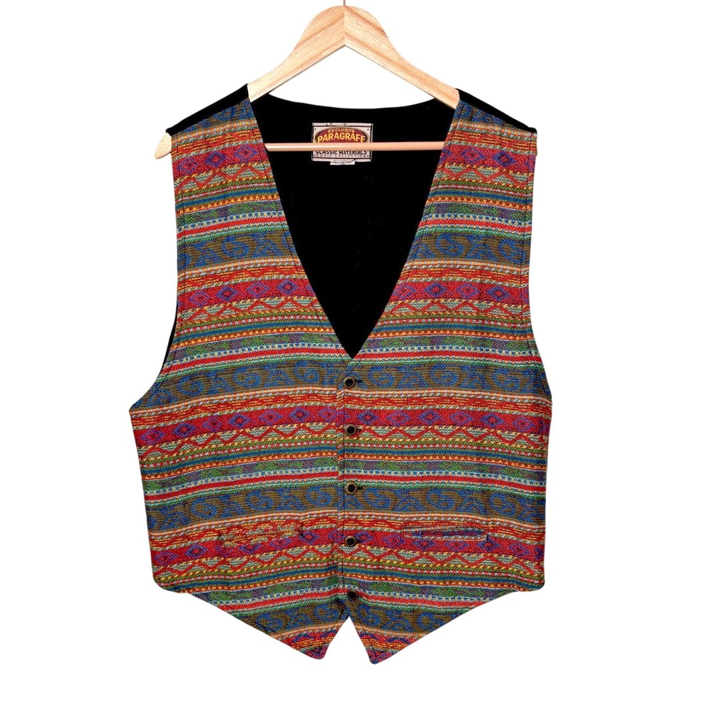 Vintage Paragraff Mens Tapestry Woven Vest Size XL Waistcoat Southwestern 90s